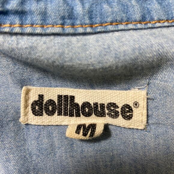 Dollhouse Blue‎ Denim Romper Shortalls Women M Distress Utility Roll Tab Sleeve - Picture 5 of 11